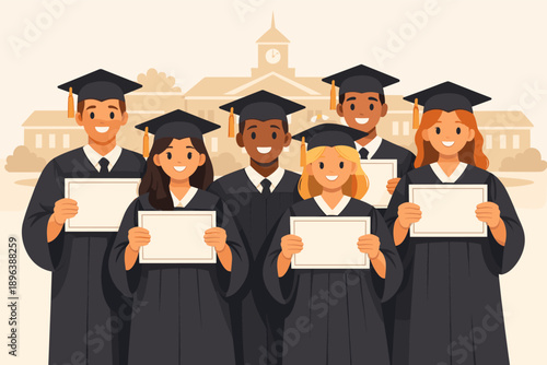 Diverse group of young graduates celebrating with diplomas at university