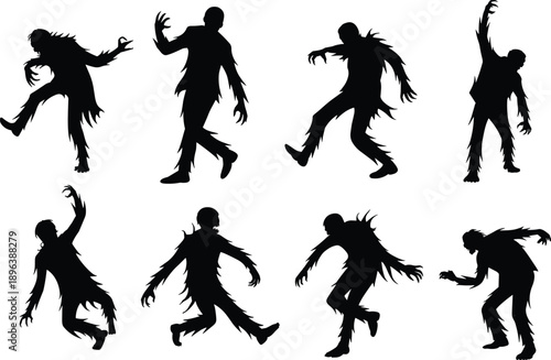 Zombie silhouettes collection showing aggressive undead movement poses, horror monster characters isolated on white background, spooky Halloween illustration for dark graphic design, apocalypse themes