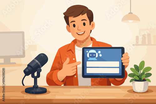 Young caucasian male presenting ai application on tablet in podcast studio