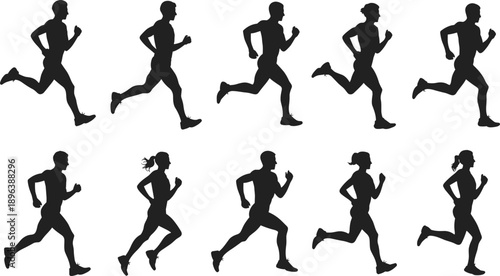 Collection of Male and Female Runner Silhouettes in Motion on White Background illustration