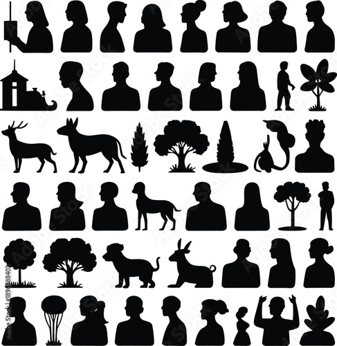 Mega collection of human and animal silhouettes, diverse people portraits, trees, dogs, deer, and nature elements, black vector icons on white