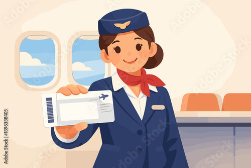 Female flight attendant holding ticket in airplane cabin