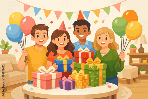 Diverse young adults celebrating birthday party with gifts and balloons indoors