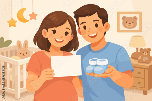 Happy hispanic couple expecting baby boy in cozy nursery with soft toys