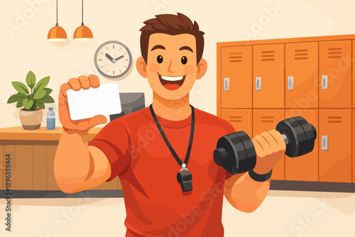 Young caucasian male coach holding dumbbell and card in gym locker room