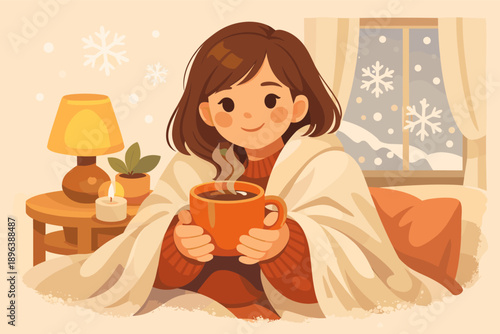 Cozy young female enjoying hot drink indoors during winter