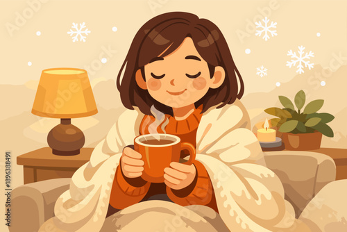 Cozy asian young female relaxing indoors with warm drink and blanket in winter ambiance