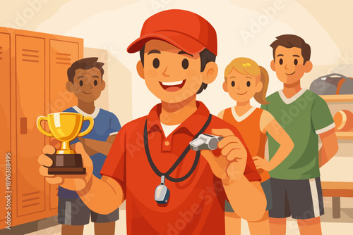 Young male coach holding trophy and whistle with smiling diverse team in locker room