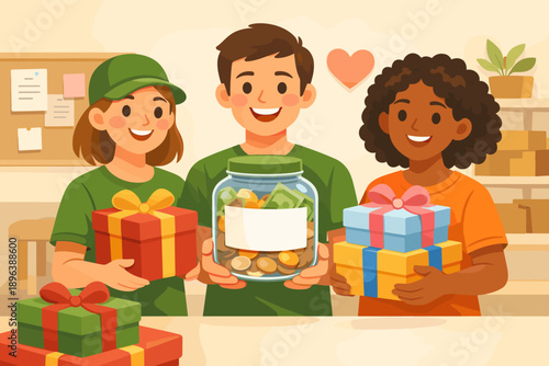 Diverse young adults volunteering and donating gifts and coins in community center