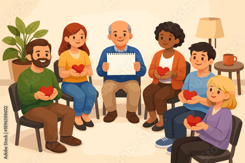Multiracial group therapy session with mature adviser holding notebook