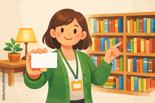 Young caucasian female librarian presenting library card in cozy book-filled room