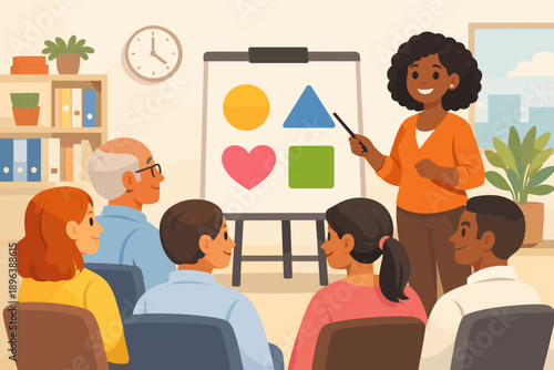 Female african adult leading diverse group meeting on shape recognition