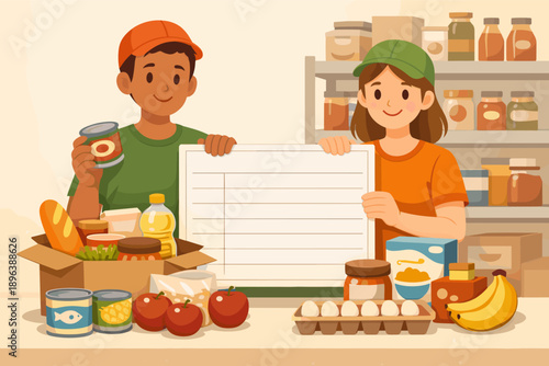 Young adults organizing food donations in pantry setting