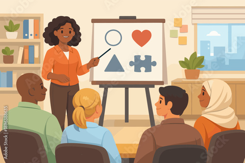 Diverse team engaged in collaborative presentation by female instructor