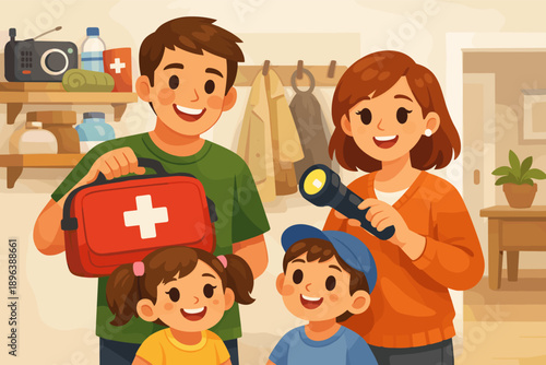 Happy family prepared for emergency with first aid kit and flashlight