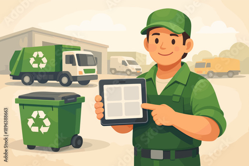 Male sanitation worker with tablet in recycling facility