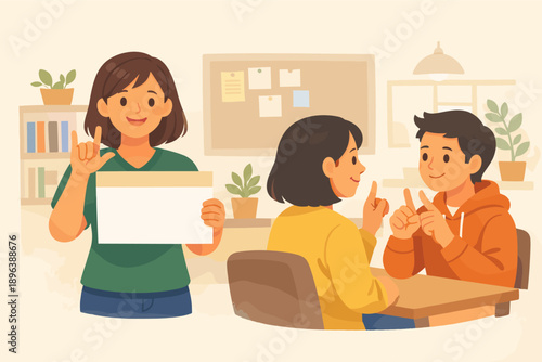 Young caucasian adults communicating in sign language in a cozy study room