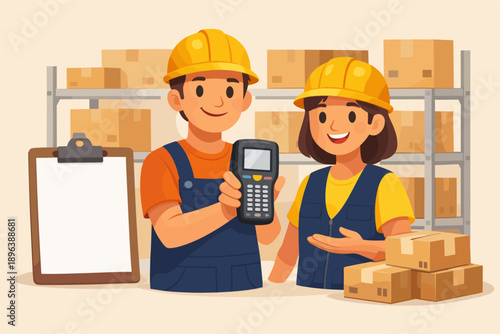 Young caucasian warehouse workers with scanner and boxes in uniforms