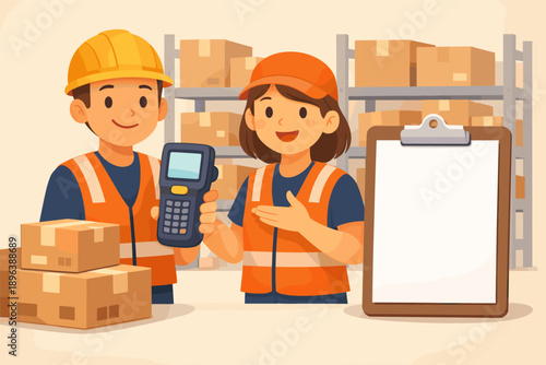 Two young carton workers with barcode scanner in warehouse setting