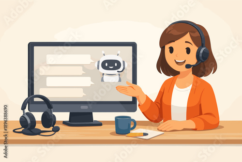 Female tech support agent assisting with ai chatbot on computer