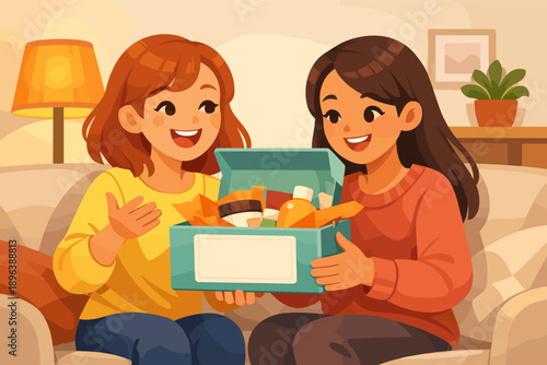 Two young caucasian females sharing a gift box of skincare products on couch