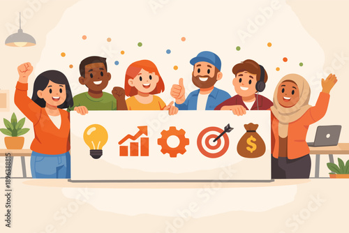 Diverse team celebrating with business icons and achievements