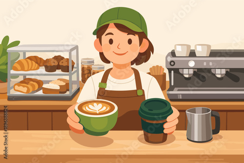 Female barista serving coffee in cozy cafe with pastries and espresso machine