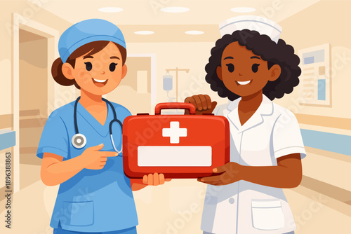 Female medical professionals holding first aid kit in hospital corridor