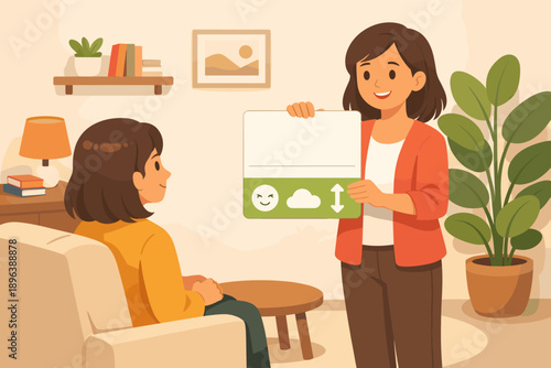 Female therapist engaging with young client using emotion chart in cozy office setting