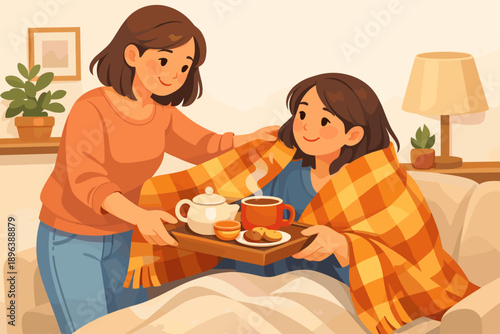 Caring young asian female friends with tea and blanket in cozy room