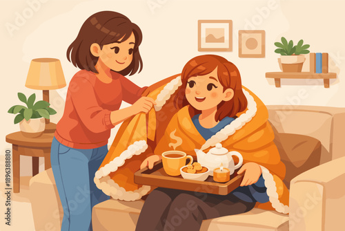 Caring young asian female comforts ill friend with tea and blanket