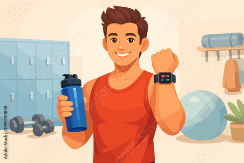 Young hispanic male in gym with fitness tracker and water bottle