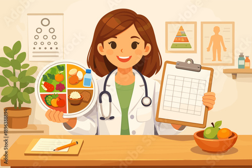 Female nutritionist promoting healthy eating with balanced meal and chart