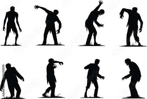 Zombie silhouettes set showing multiple undead poses , horror monster characters isolated on white background, spooky Halloween illustration for dark graphic design and apocalypse themed projects