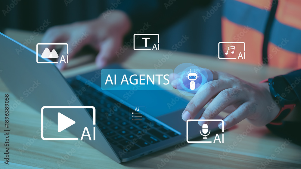 Naklejka premium Innovative person using AI agents on laptop to automate digital tasks like video, audio, and text generation. Professional workspace showcasing future technology and smart automation concepts.