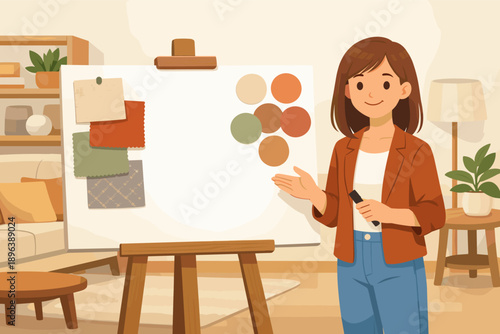 Young asian female designer presenting color palette in cozy living room