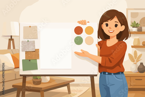 Female presenter displaying mood board in cozy living room setting