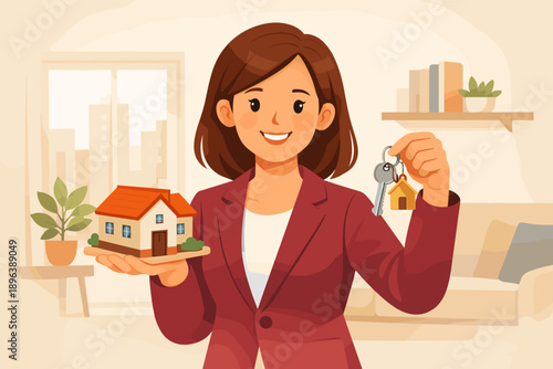 Female real estate agent with keys and house model in office setting