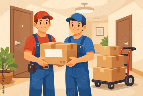 Cartoon delivery workers carrying packages in hallway