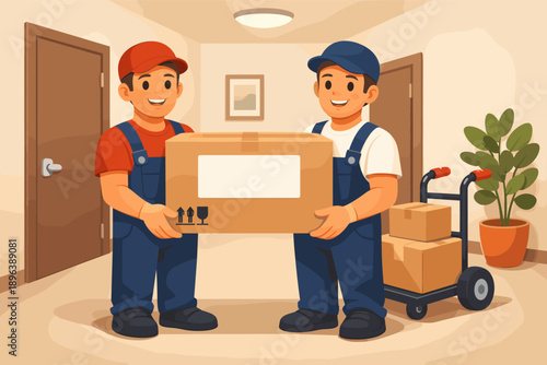 Two young hispanic male movers carrying box in hallway with trolley