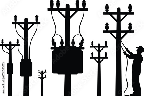 Collection of silhouette utility poles with a transformer and a lineman working on a white background Keywords: electricity, power line, utility pole, lineman, electrician, transformer
