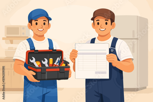 Two male caucasian repairmen with tools and invoice in kitchen