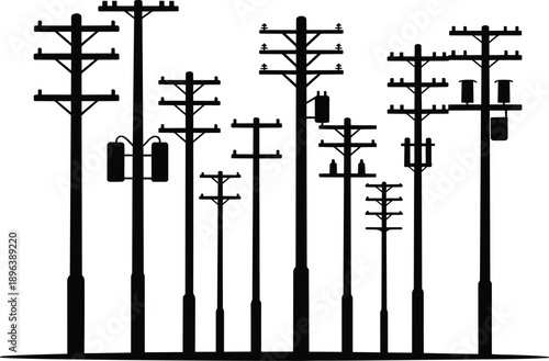 Collection of silhouette utility poles with transformers and insulators against a white background