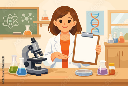 Female scientist in laboratory with microscope and clipboard