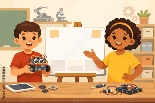 Diverse children engaged in robotics and stem learning