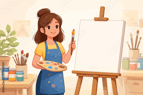 Young hispanic female artist holding paintbrush and palette with blank canvas