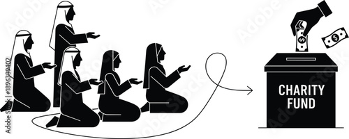 Black silhouette vector illustration of Muslim people praying and donating money to a charity fund box for Islamic zakat and community support,