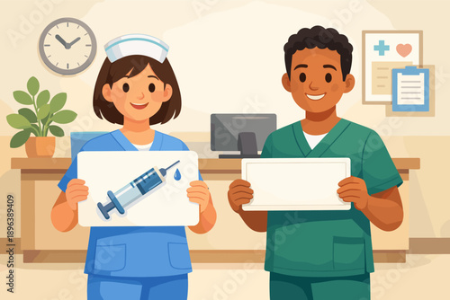 Asian female and african male nurses in hospital with syringe chart and blank board