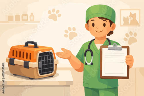 Veterinarian explaining pet carrier to owners in clinic