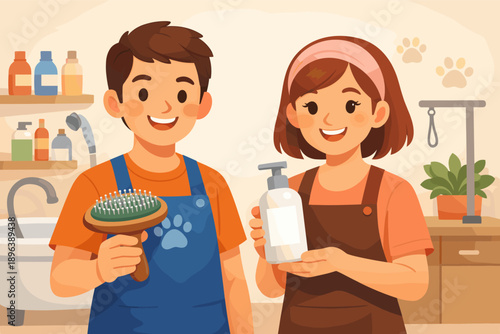 Young caucasian boy and girl enjoy pet grooming with brush and shampoo in cozy shop